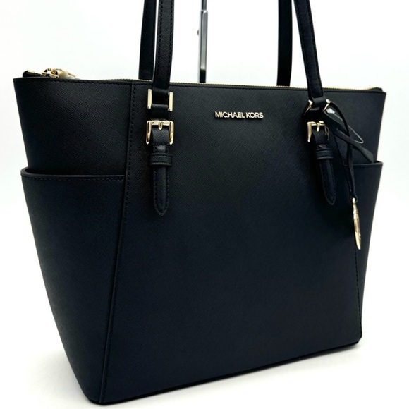 Michael Kors Large Charlotte TZ Tote Bag Black/Gold - Picture 1 of 11